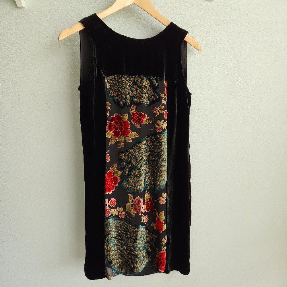 Johnny Was black velvet peacock and floral print shift dress XS